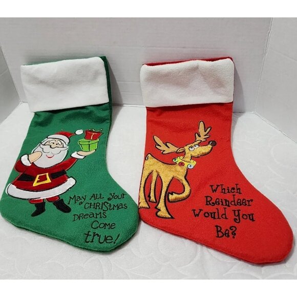 2 Dan Dee Santa Reindeer Christmas Stockings applique holiday whimsy 2011 - Picture 1 of 12